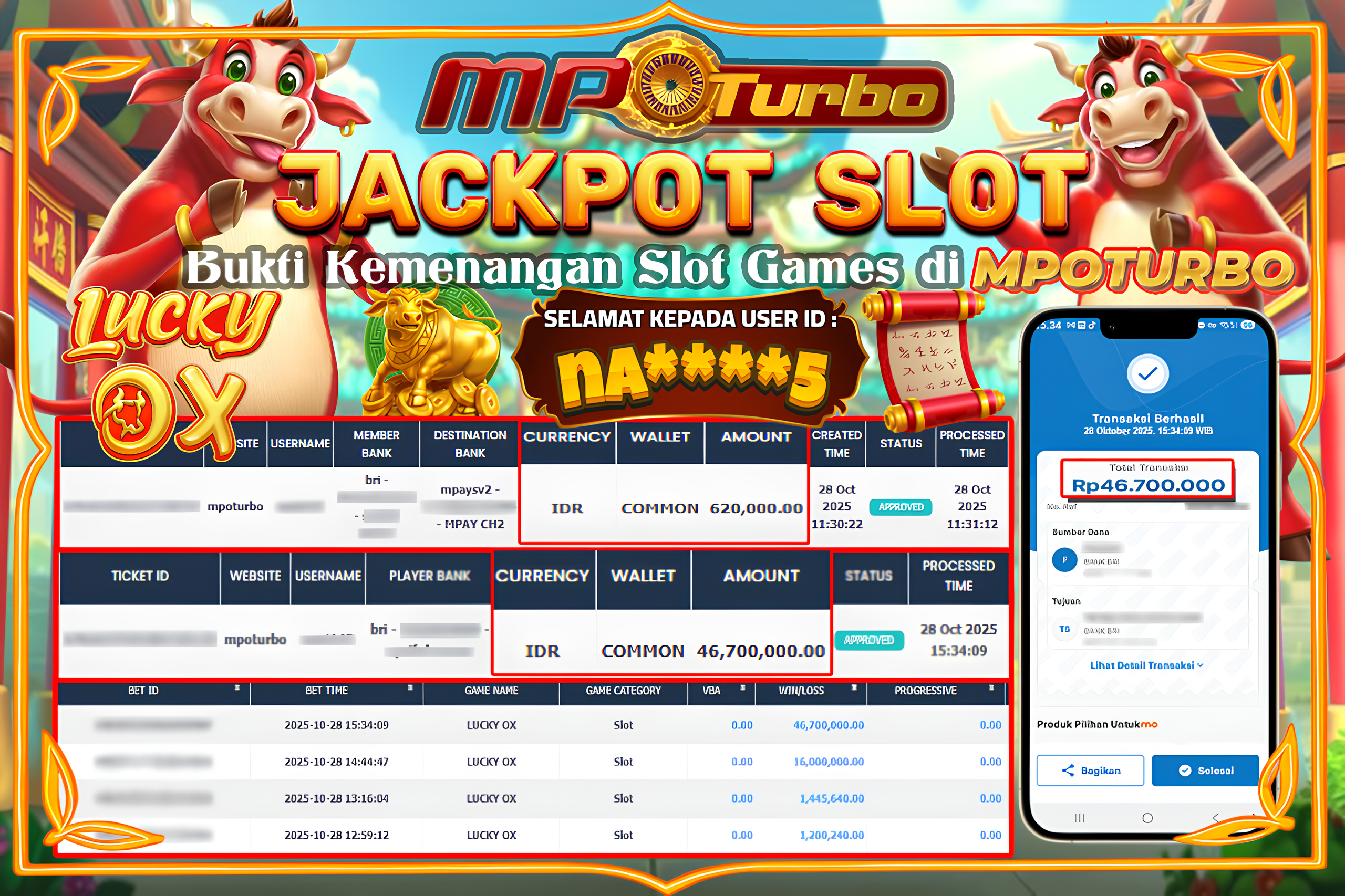 MPOTURBO JACKPOT LUCKY OX - FAT PANDA Rp 46,700,000.00,- LUNAS